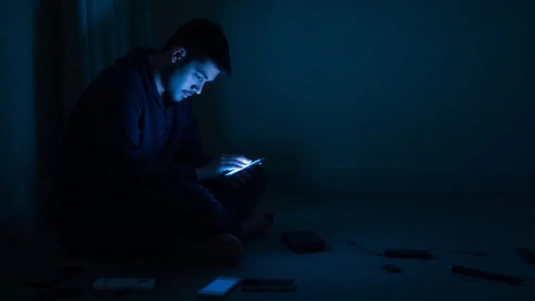 Person isolated with glowing smartphone amidst discarded electronics.