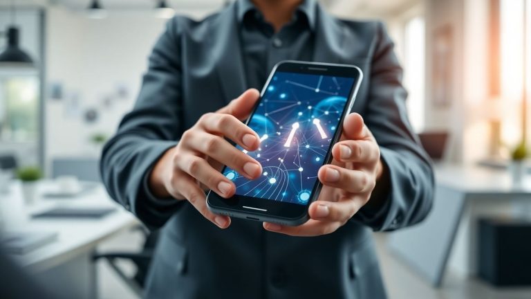 Person holding smartphone showing blockchain network in office