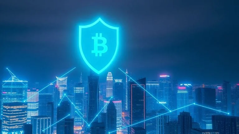 Futuristic city, digital shield, and blockchain connections