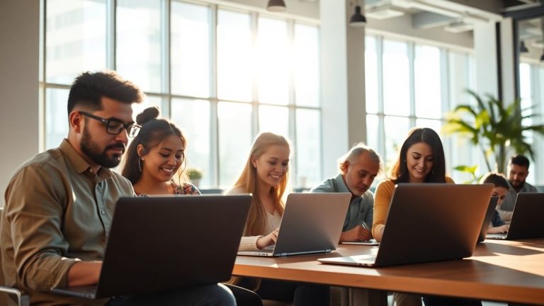 People working on laptops in a bright office.