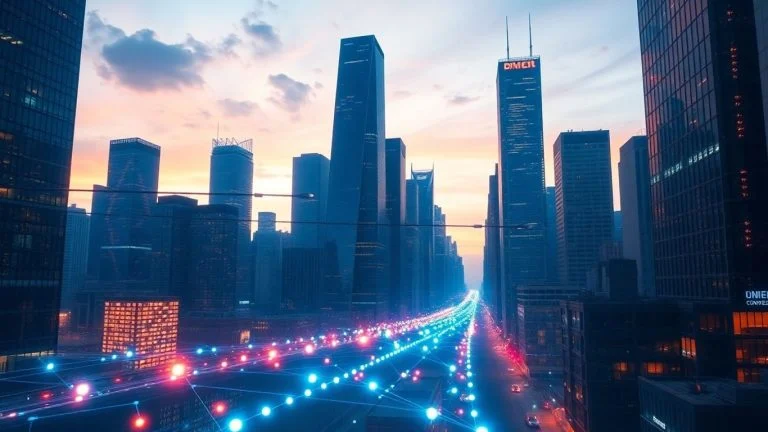 Futuristic cityscape with glowing data streams.