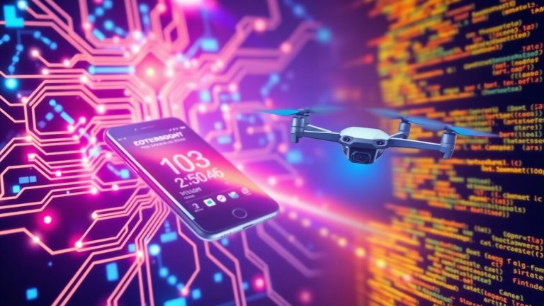 Collage of technology: circuits, smartphone, drone, code.