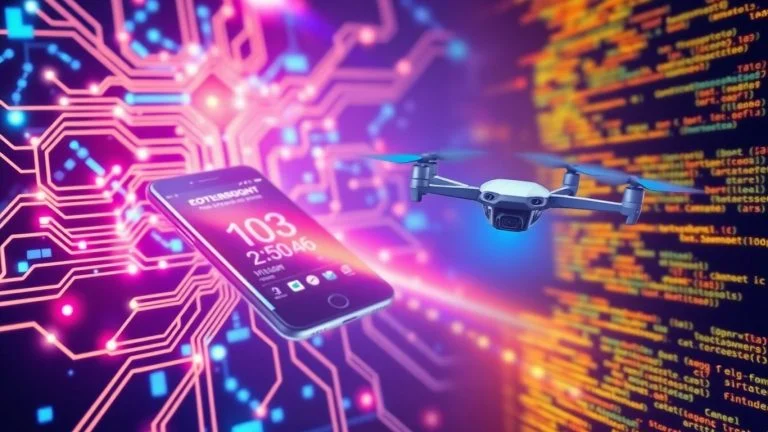Collage of technology: circuits, smartphone, drone, code.