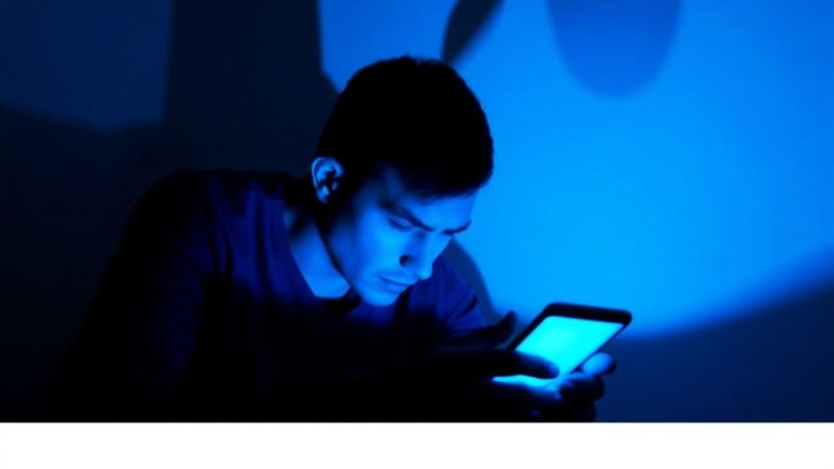 Person stressed by glowing smartphone screen in dark room.