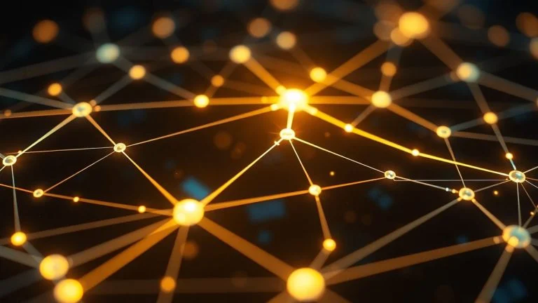 Digital network of glowing lines and nodes.