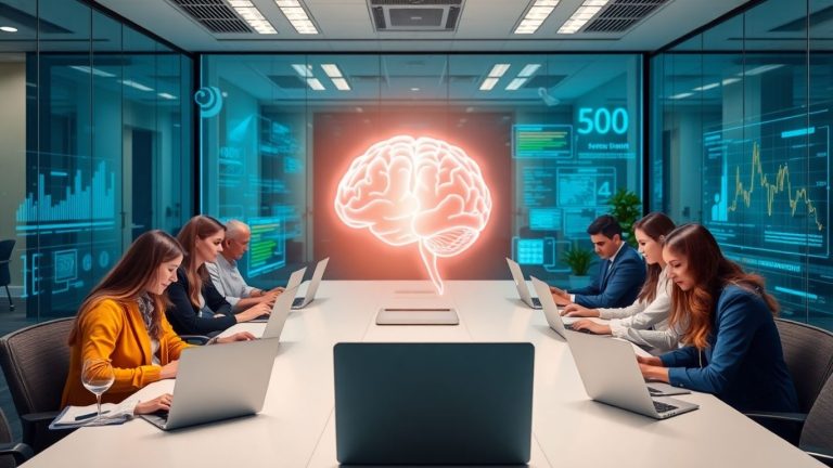 AI brain hologram in modern tech security office