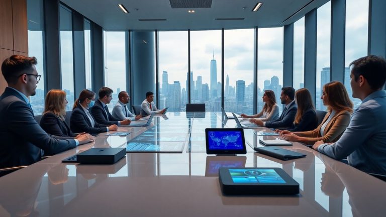 Bank executives use futuristic digital technology in boardroom