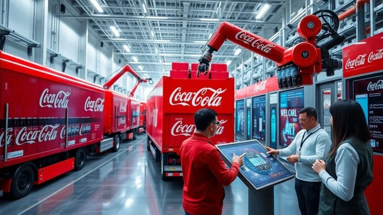 Robotic arms manage Coca-Cola bottles in futuristic warehouse