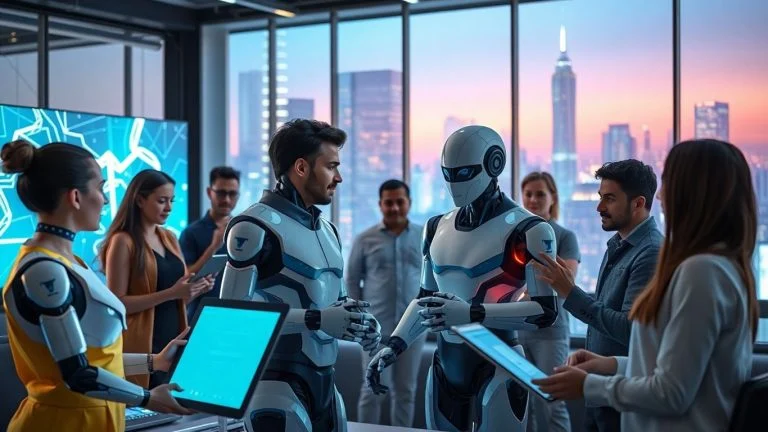 Humans and robots working together in a modern city