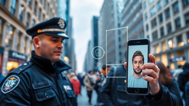 Police officer using facial recognition technology on busy street