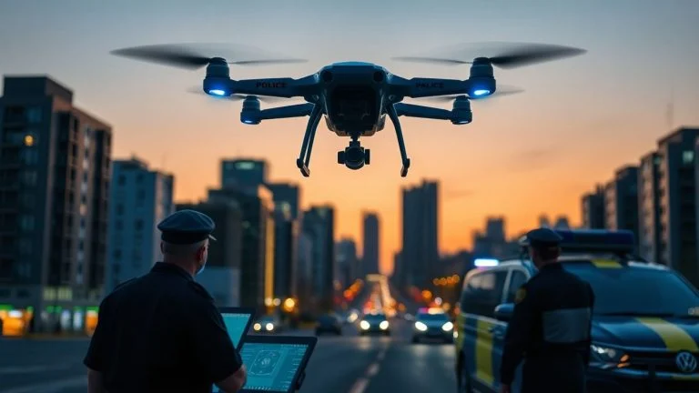 Police drone and officers using advanced technology