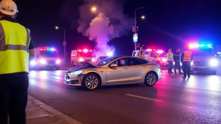 Tesla crash scene with police and investigators at night