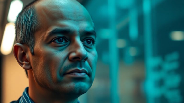 Satya Nadella in a modern office, looking focused.