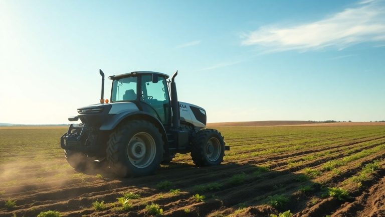 Driverless tractor plowing a field autonomously.