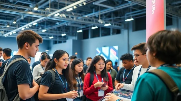 Students engaging with technology at a cybersecurity conference.