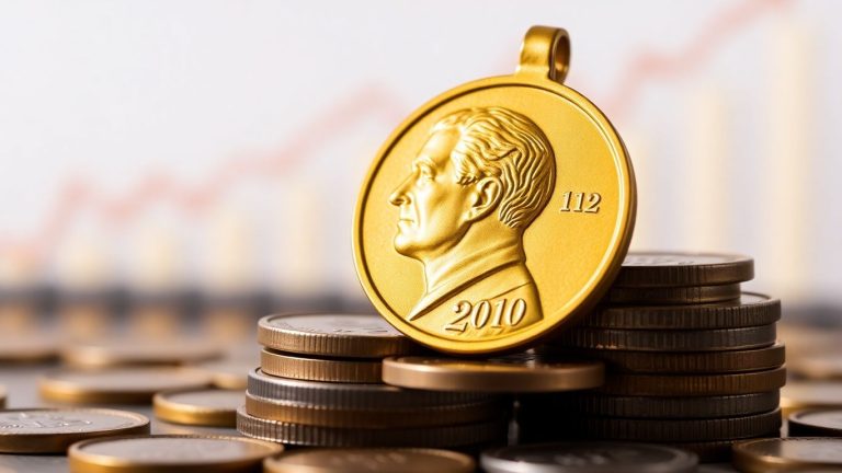 Nobel Prize medal and coins symbolizing economic growth.