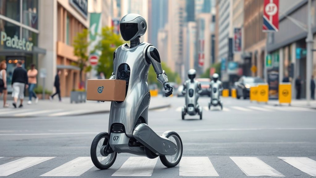 Starship robot delivering package on a busy street.