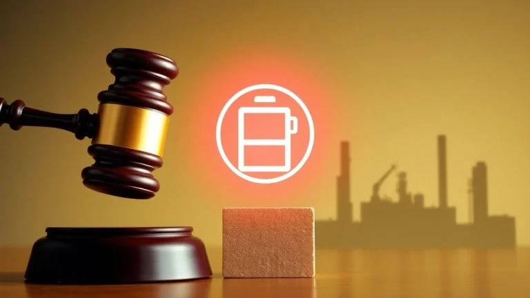 Gavel striking block, battery icon, factory silhouette.