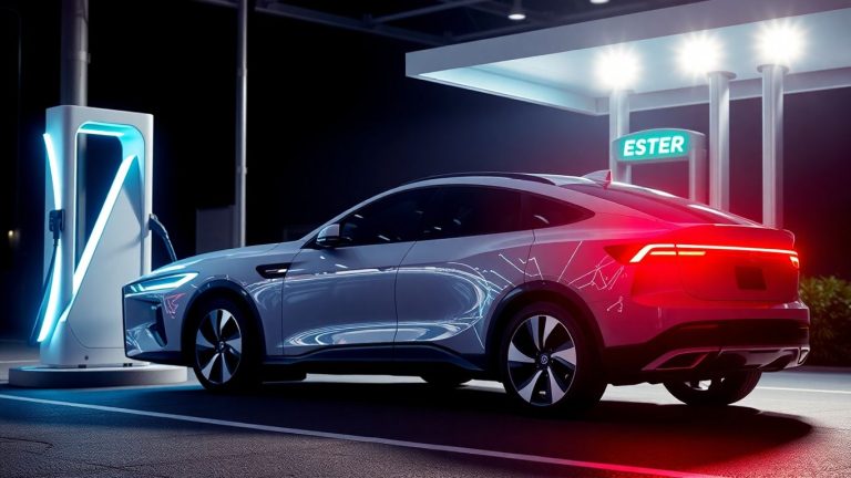 Electric car charging at futuristic station, award ceremony.