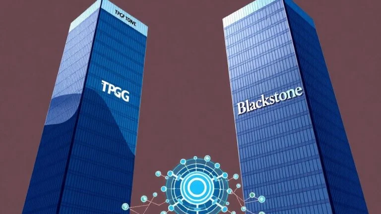 TPG and Blackstone logos above medical technology abstract.