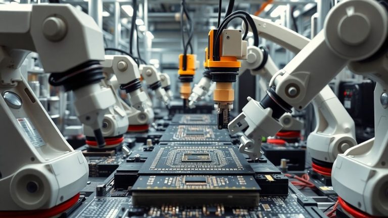 Advanced chip manufacturing facility with robotic arms.