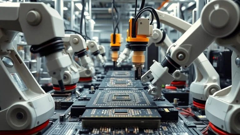 Advanced chip manufacturing facility with robotic arms.
