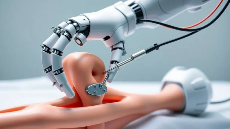 Robotic surgical arm over knee joint.