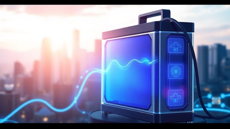 Futuristic battery powering a city skyline.