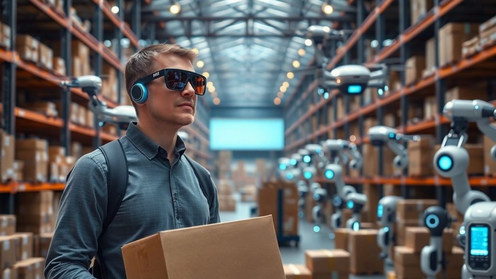 Delivery person with smart glasses in an AI-powered warehouse.