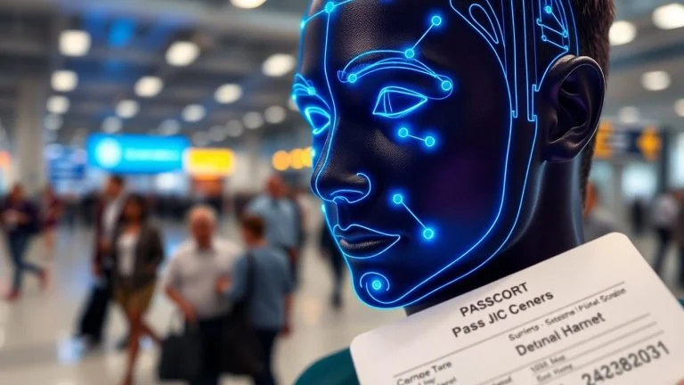 Facial recognition scanner at border control scanning a passport.