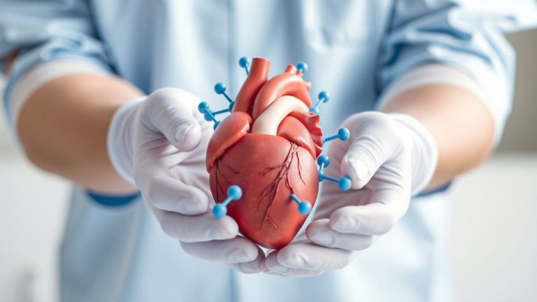 Hands in gloves holding a heart with molecular structures