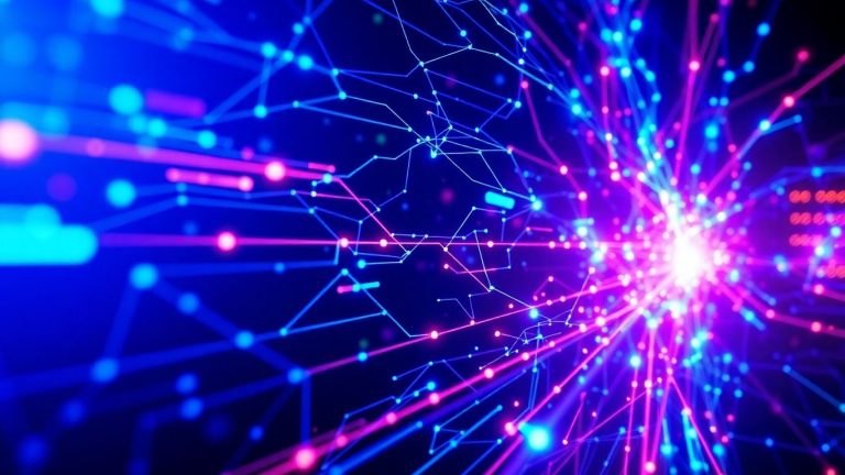 Abstract digital network with glowing data streams.