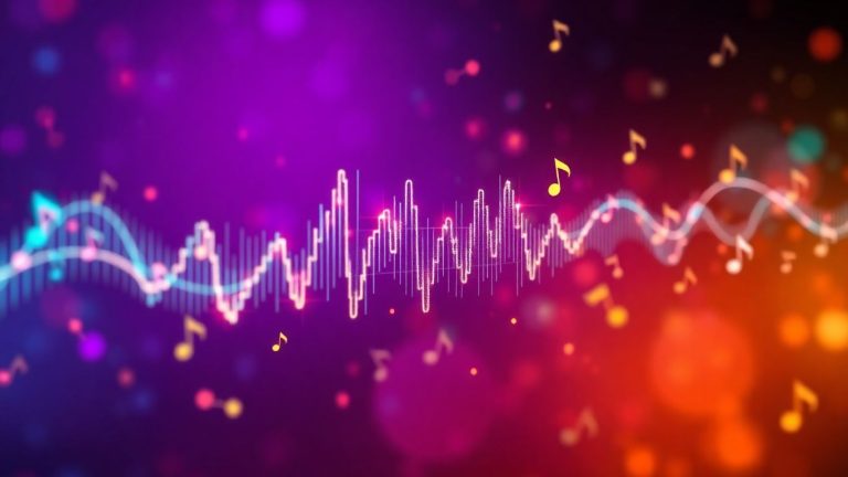 AI creating music with sound waves and notes.