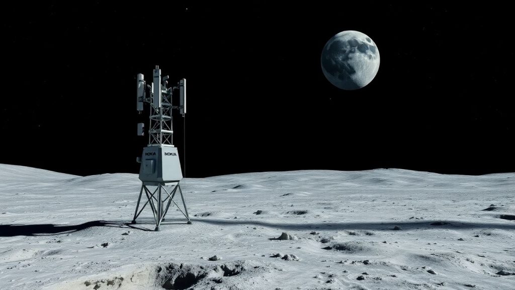 Nokia 4G base station on the Moon with Earth in the background.