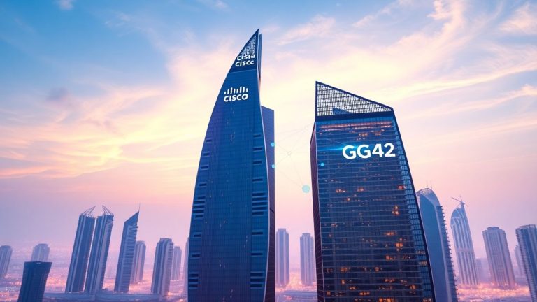 Cisco and G42 logos on skyscrapers, connected by digital network.