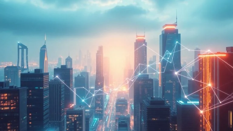 AI transforming business operations with digital streams and growth.