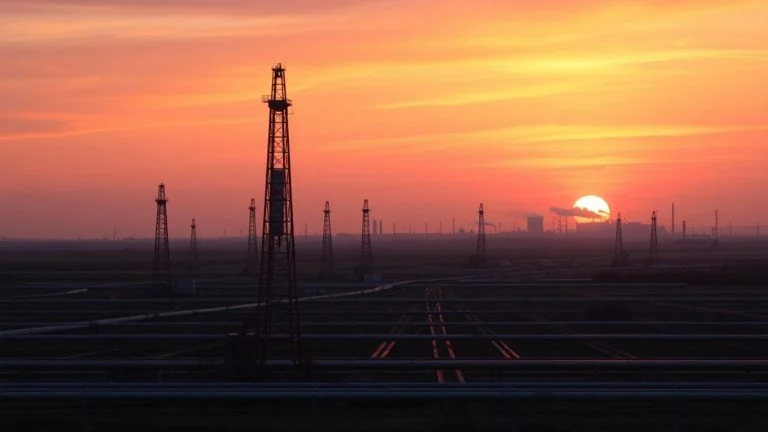US oil industry, derricks, pipelines, sunset, technological advancement