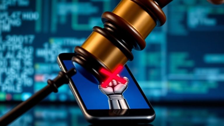 Gavel striking a smartphone, stopping robocalls.