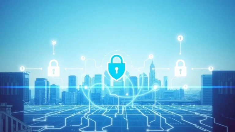 California city with digital locks and cybersecurity icons