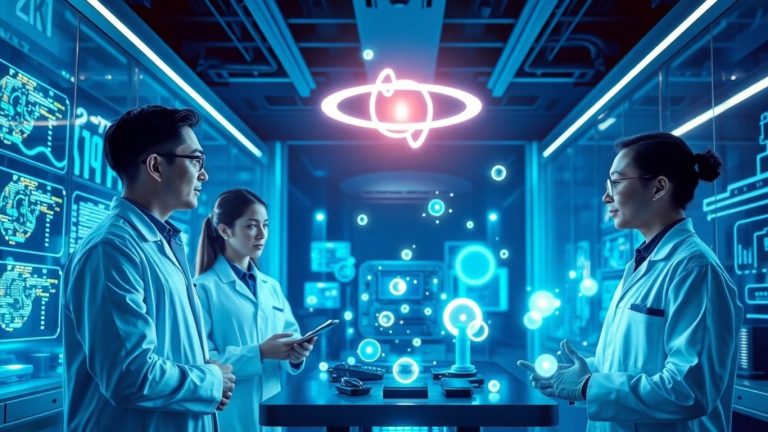 Scientists collaborate near quantum computers and glowing particles.