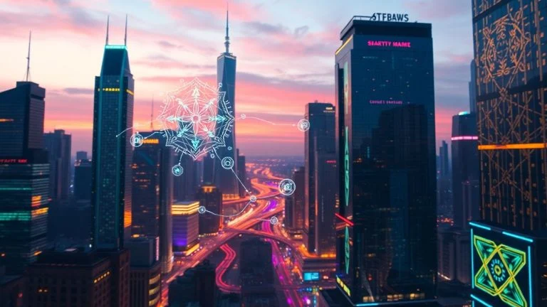 Futuristic cityscape with glowing digital streams and holographic interfaces.