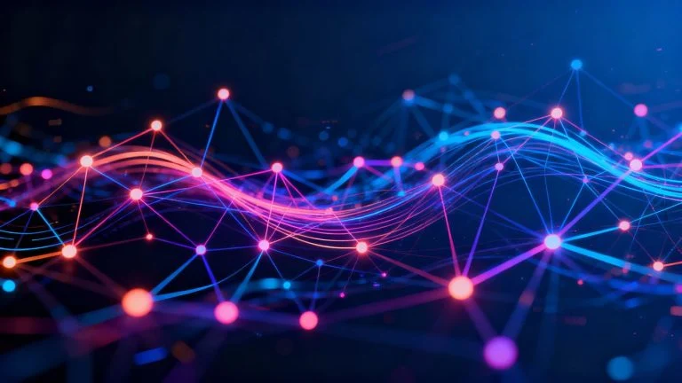 Abstract digital network with glowing nodes and interconnected lines.