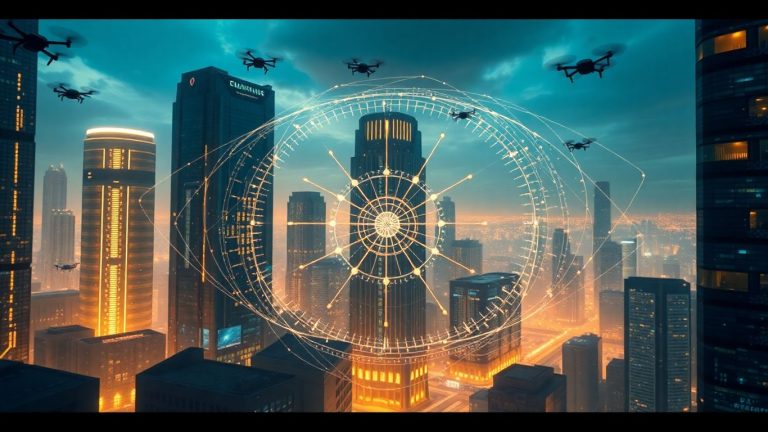 Futuristic cityscape with glowing circuits and advanced technology.