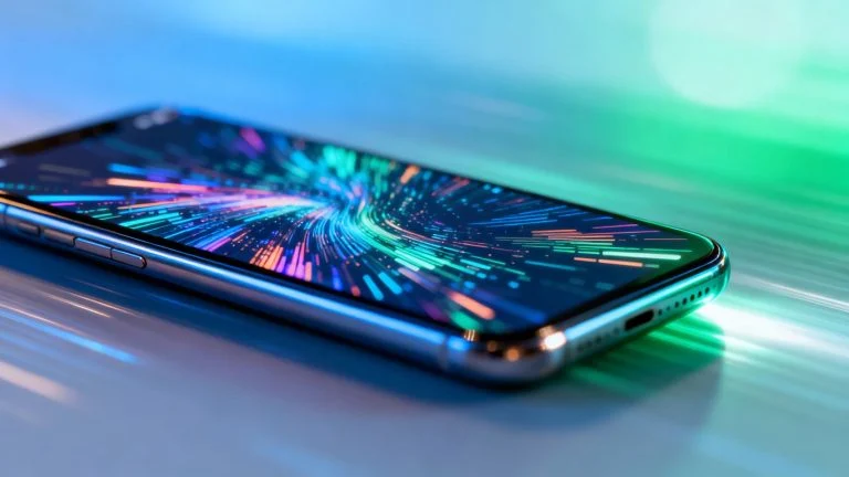 Smartphone screen with abstract digital pattern, blue and green background.