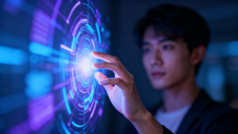 Person interacting with a futuristic AI interface.