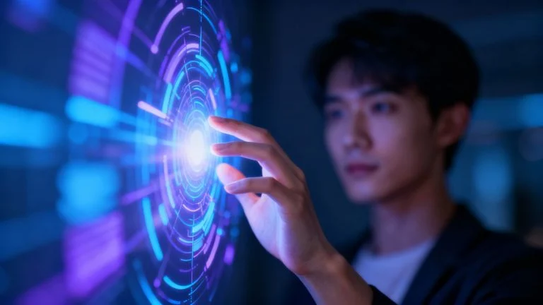 Person interacting with a futuristic AI interface.