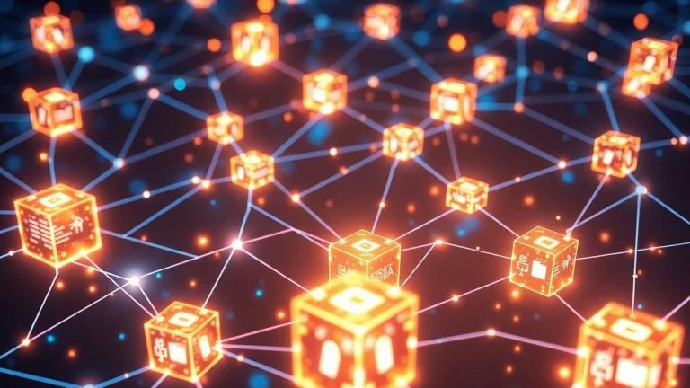 Interconnected glowing digital blocks forming a blockchain network.