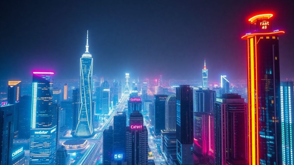 Futuristic cityscape with glowing lights and digital streams.