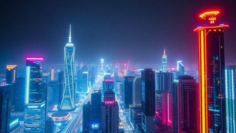 Futuristic cityscape with glowing lights and digital streams.