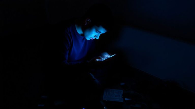 Person isolated with glowing smartphone amidst discarded electronics.